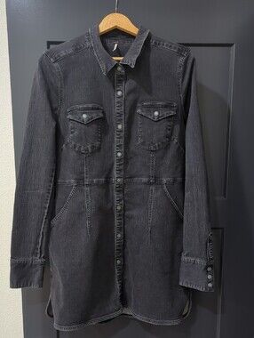 Free People Washed Black Denim Dress Long Shirt Jacket